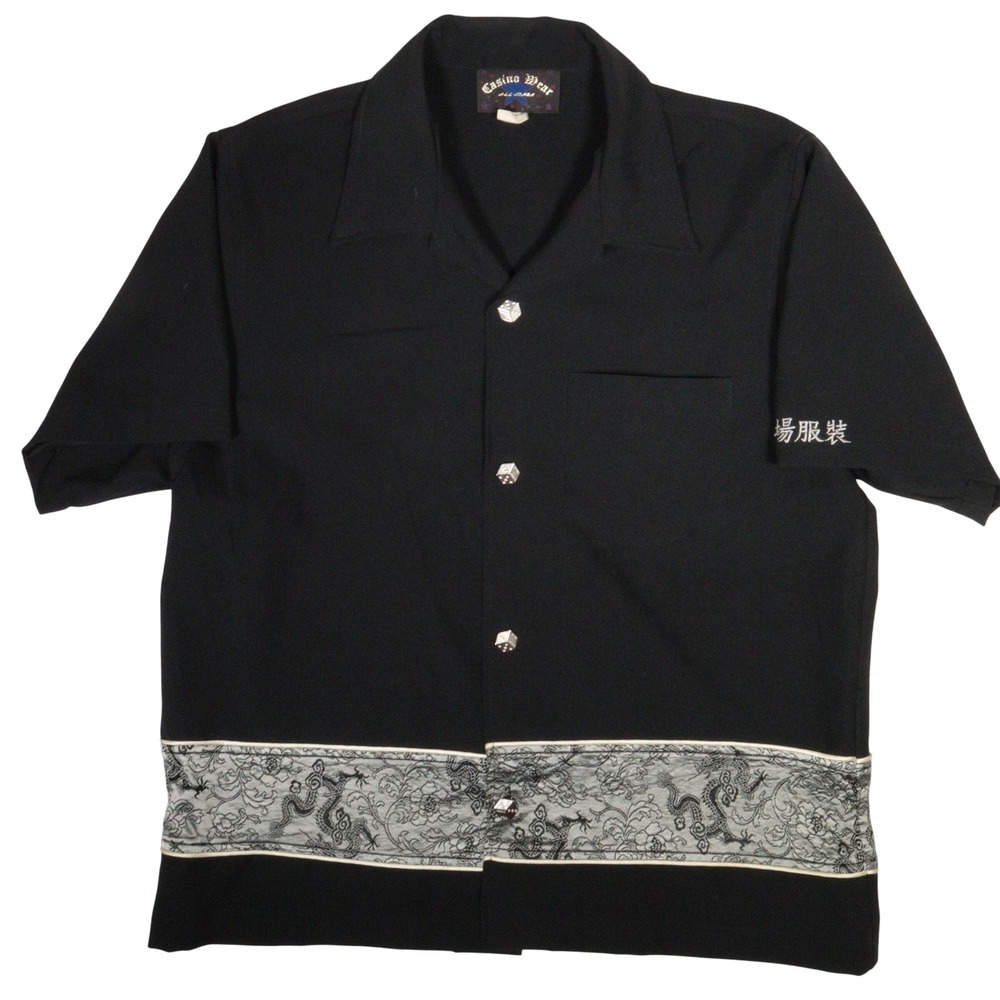 Vintage Casino Wear Button Up Dragon Embroidery Dice Buttons Black USA Men L